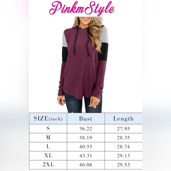 PINKMSTYLE Womens Hoodie Sweatshirts Casual Color Block Shirts Long Sleeve Tunic - Picture 4 of 5